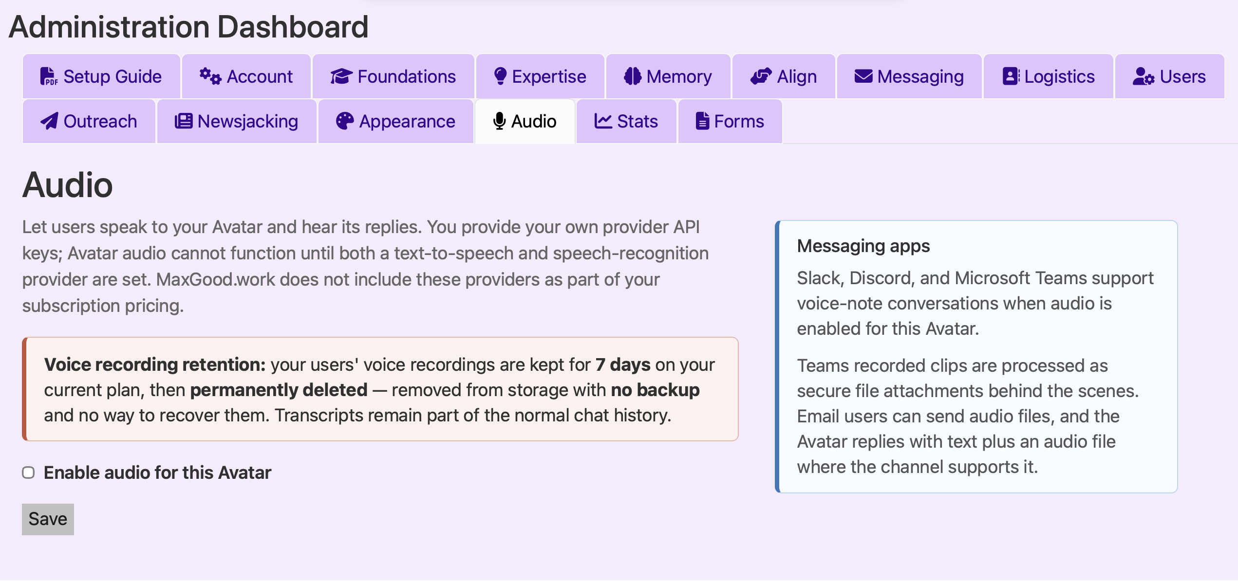 Audio administration panel screen shot