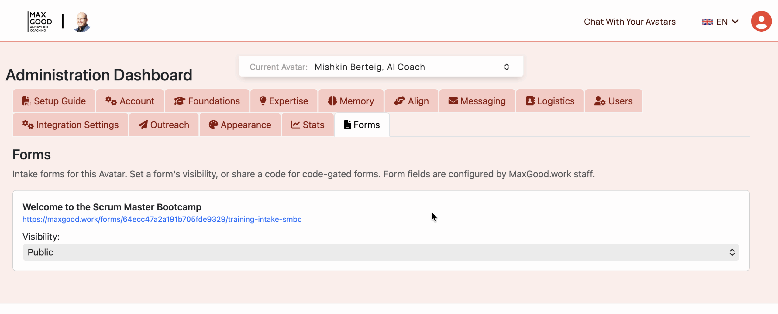 The Forms tab in the Avatar Administration Dashboard