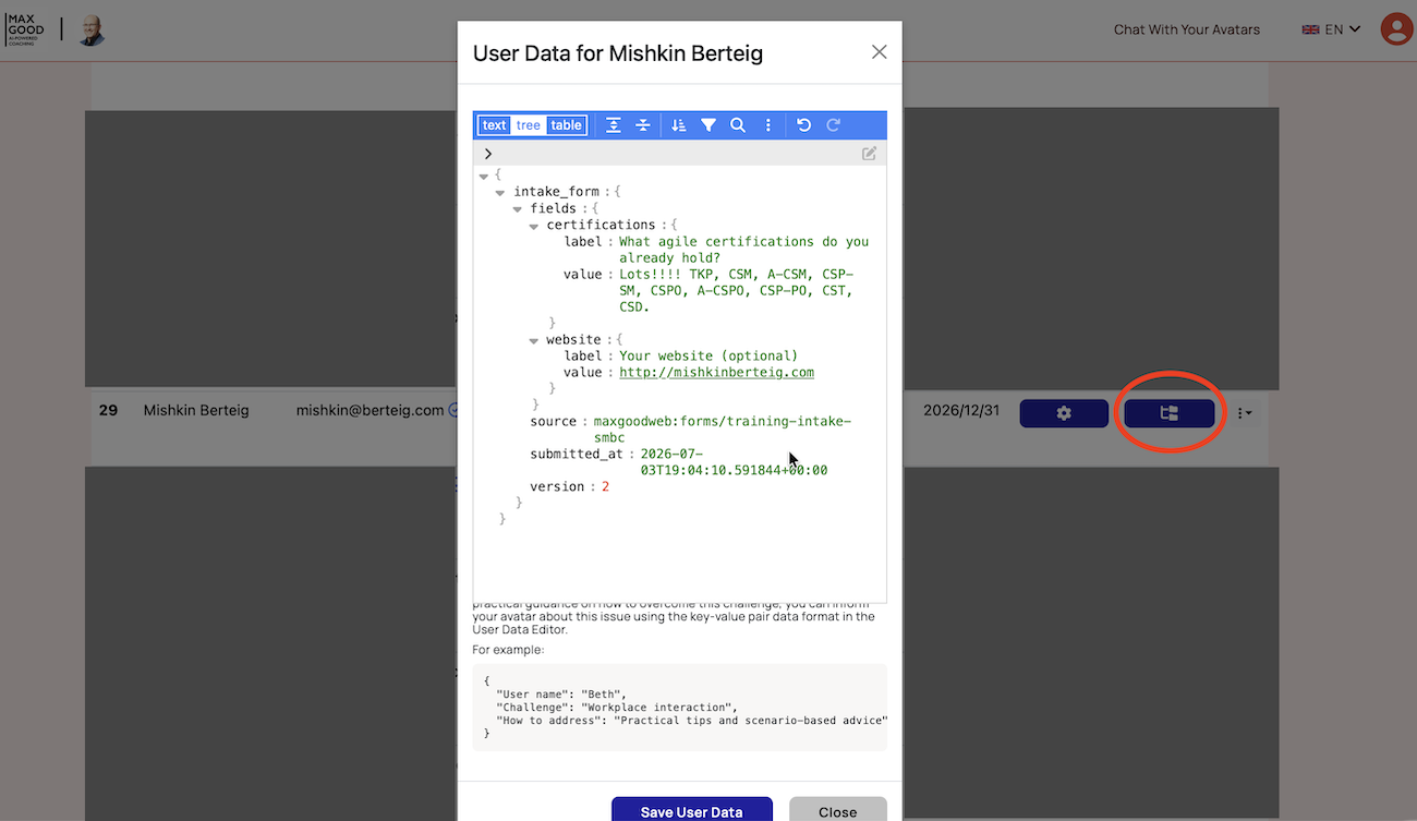The User Data editor in the Avatar Administration Dashboard showing a member’s submitted Intake Form answers