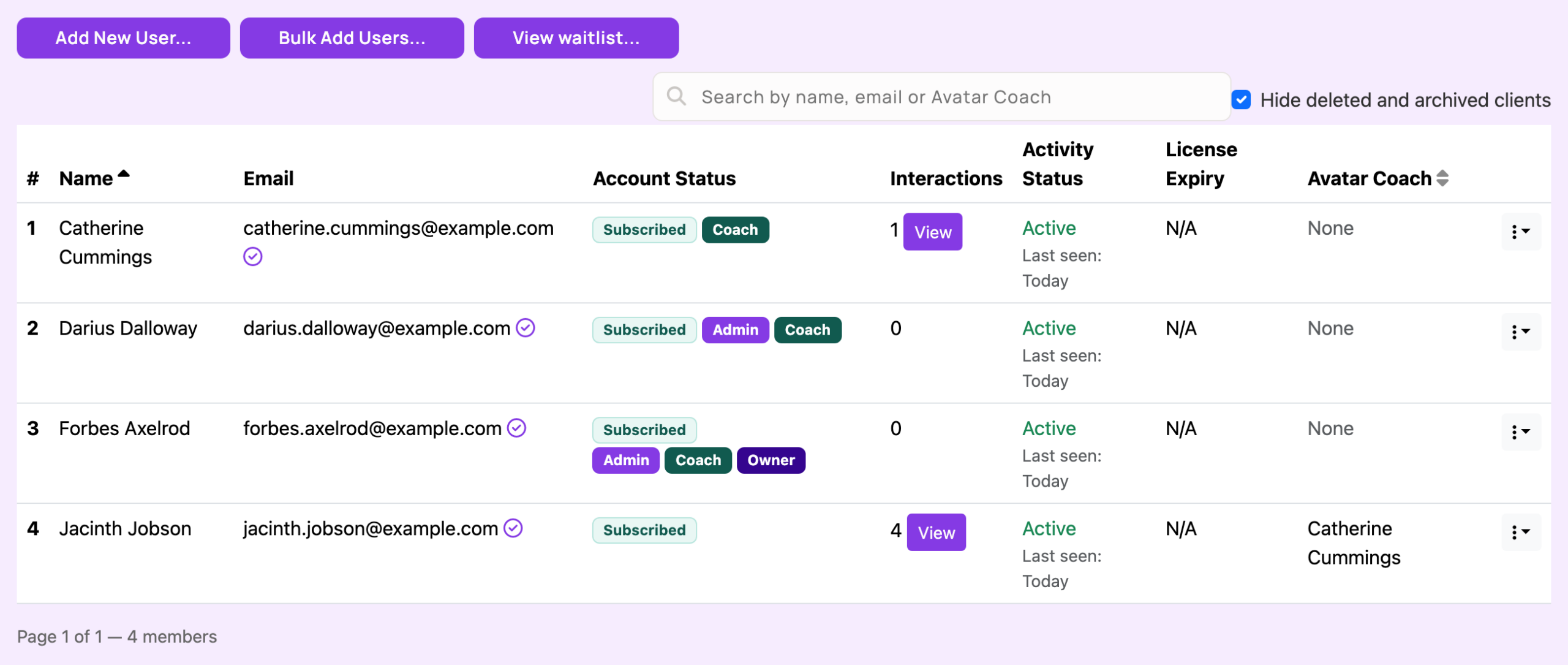 The Users tab for an Enterprise Avatar with four members. The Avatar Coach column shows Catherine Cummings as Jacinth Jobson's coach and None for the others. Catherine has a Coach badge, Darius Dalloway has Admin and Coach badges, and Forbes Axelrod has Admin, Coach and Owner badges.