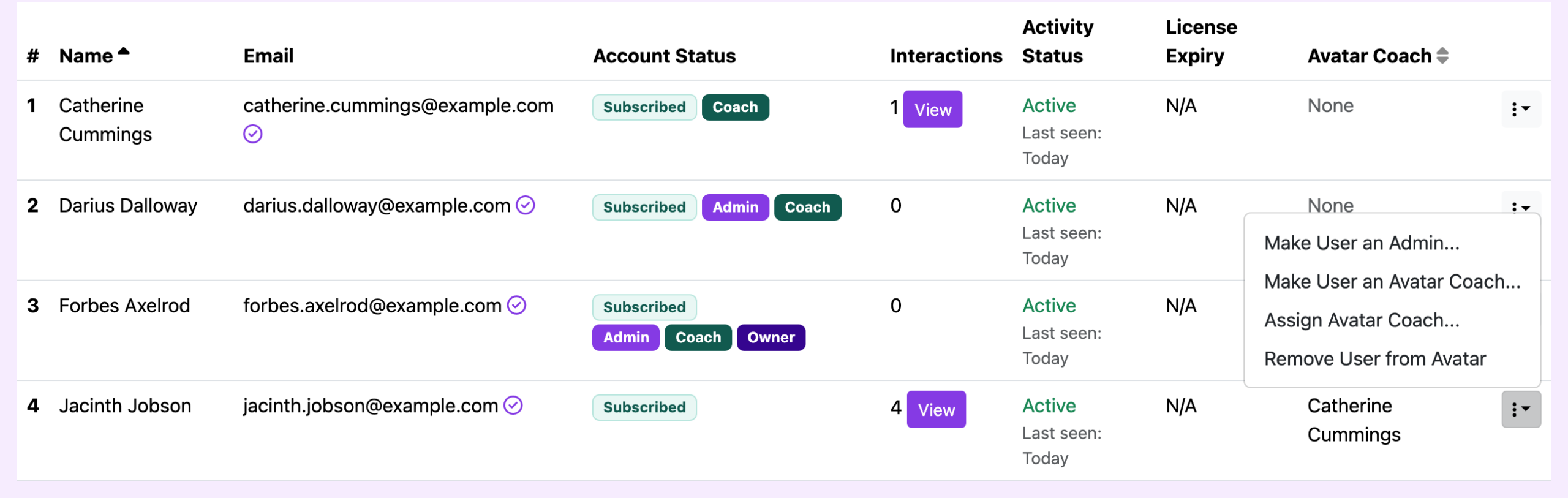 The Users tab with the actions menu open for Jacinth Jobson, offering Make User an Admin, Make User an Avatar Coach, Assign Avatar Coach and Remove User from Avatar.