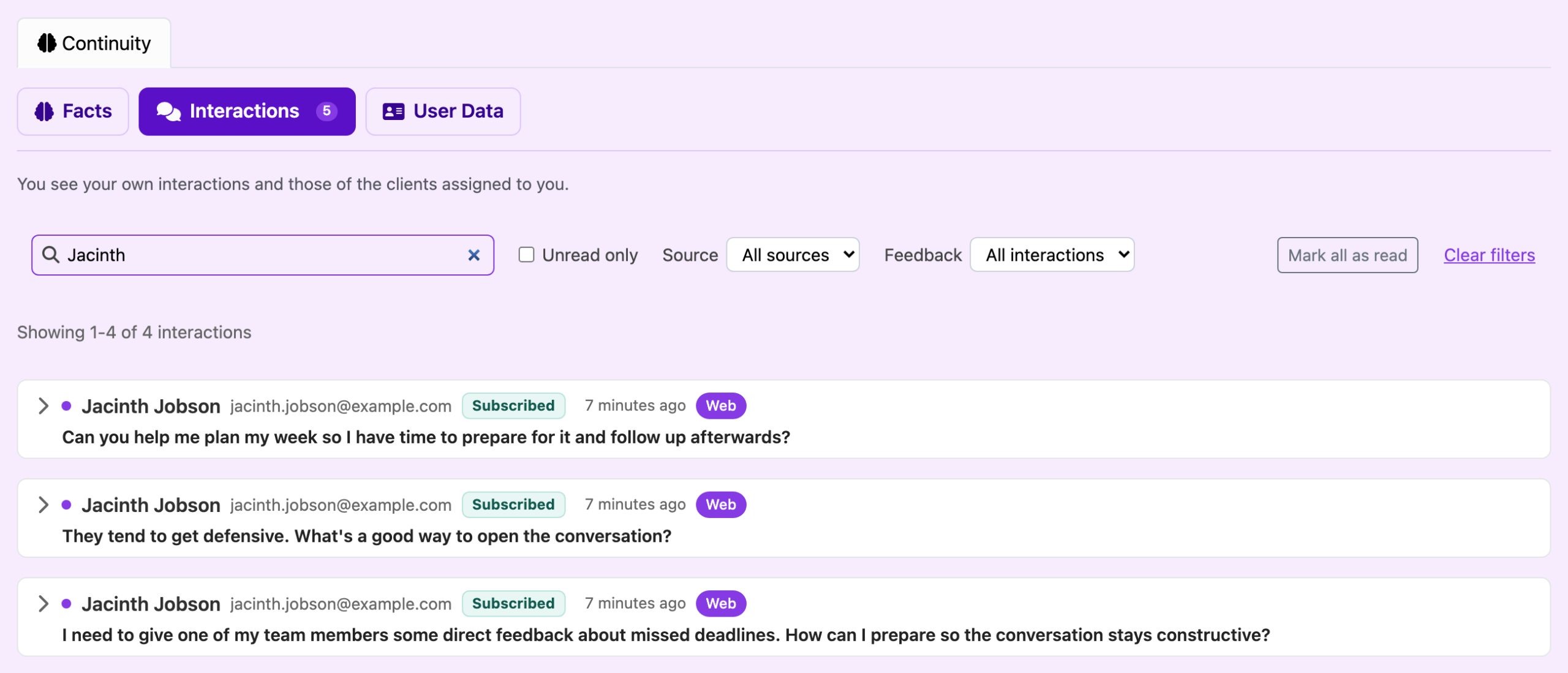 The Avatar Coach view showing only the Continuity tab with Facts, Interactions and User Data sub-tabs. Interactions is open and searched for Jacinth, listing her questions to the Avatar about giving direct feedback and planning her week.