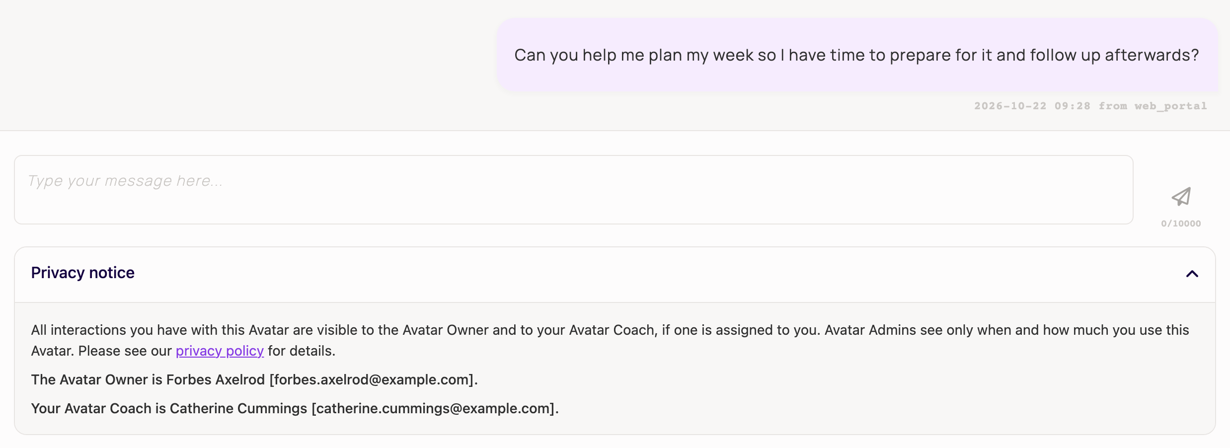 A client's chat with the Avatar. The expanded privacy notice under the chat box names the Avatar Owner and says: Your Avatar Coach is Catherine Cummings.