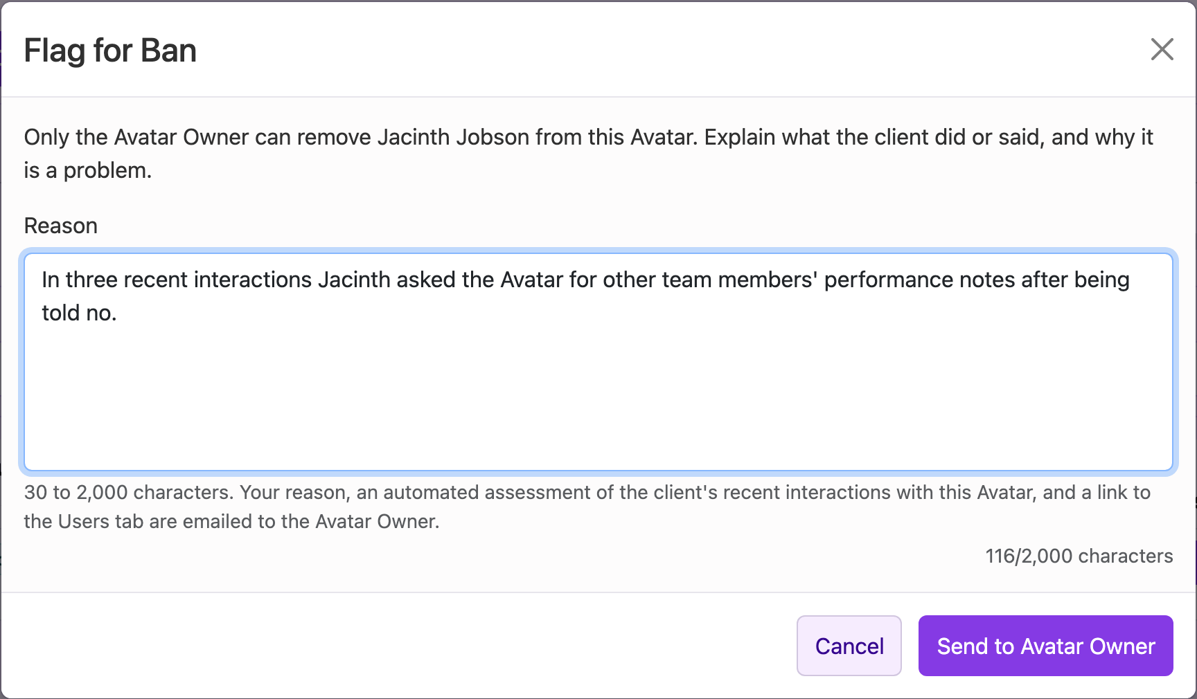 The Flag for Ban dialog for Jacinth Jobson, with a specific reason typed in, a 116/2,000 characters counter, and Cancel and Send to Avatar Owner buttons.